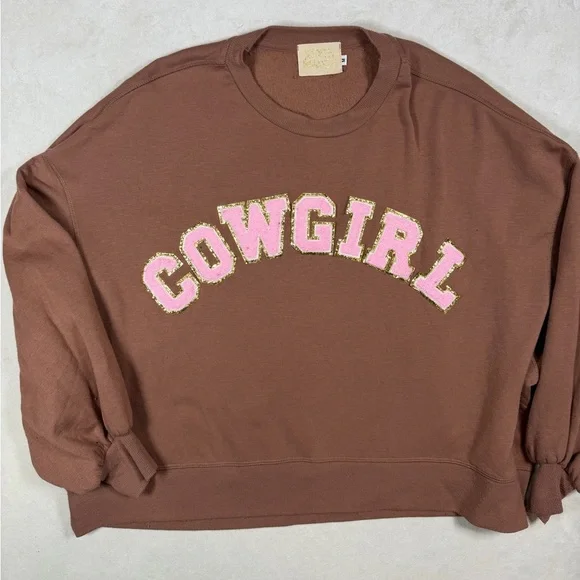 Judith March Oversized Cropped Soft Brown COWGIRL Embroidered Sweatshirt - Picture 5 of 7